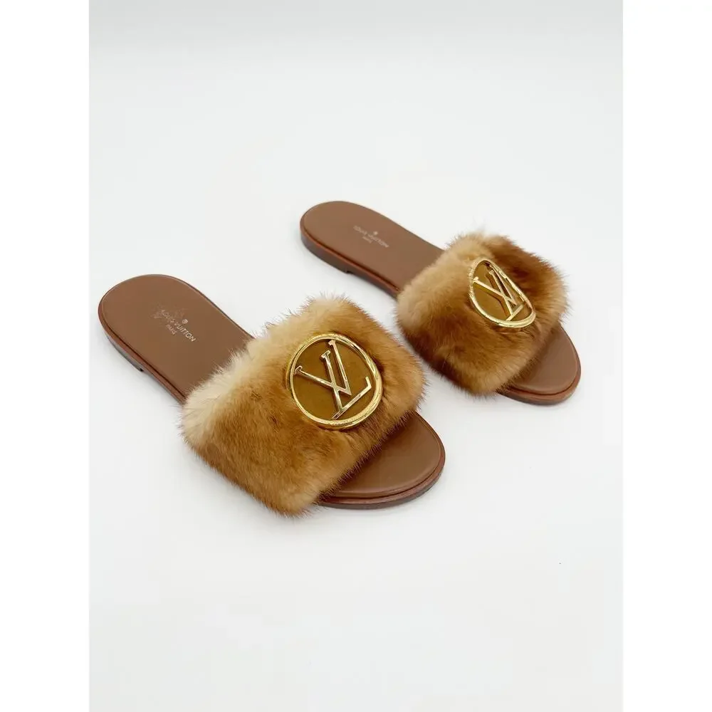 Louis Vuitton Camel Mink Fur Gold LV Logo Lock It Flat Slide Mule Sandals EU 36